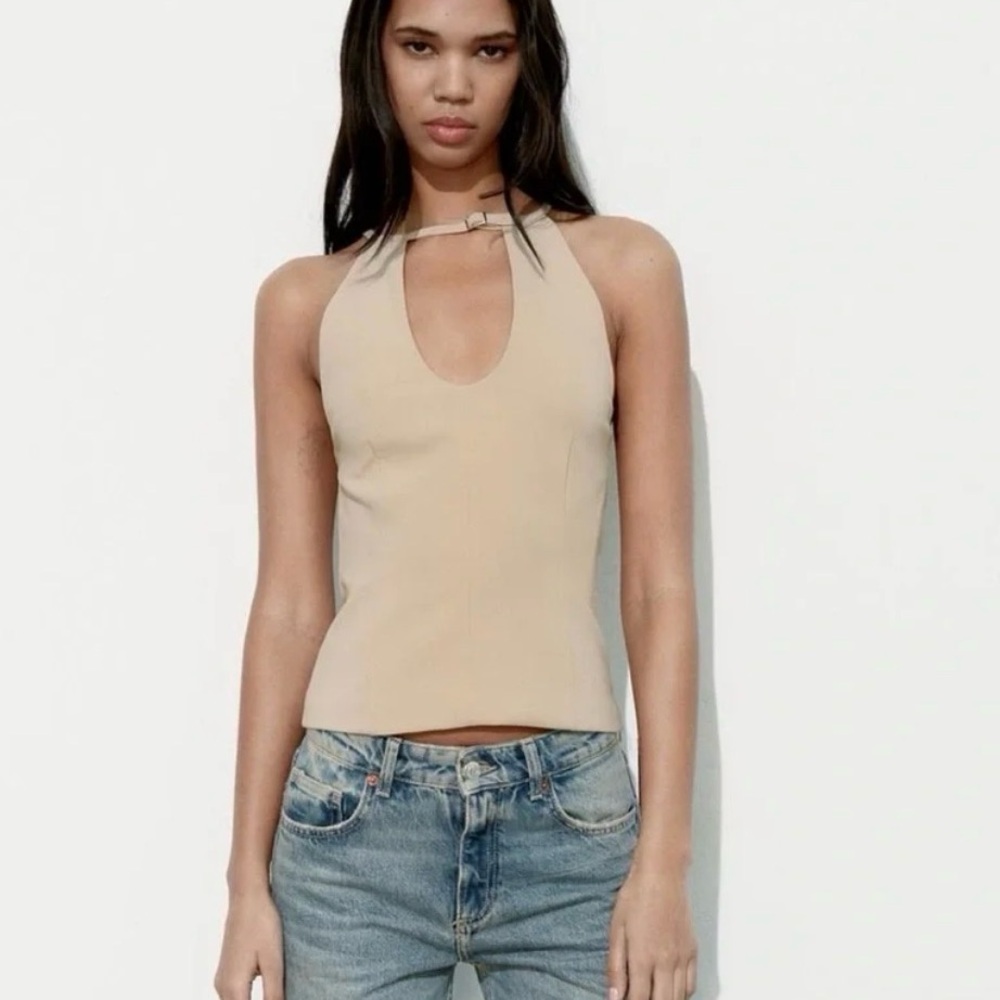 Zara Taupe Halter Tank Top with Keyhole Neck